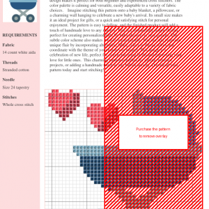 Cross stitch pattern of a blue baby carriage with two pink hearts.