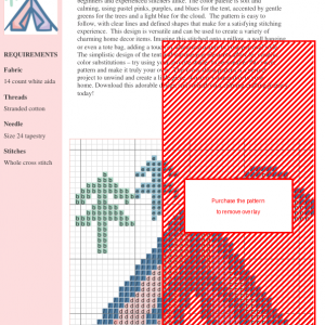 Cross stitch pattern of a pastel-colored tent, two pine trees, and a cloud.