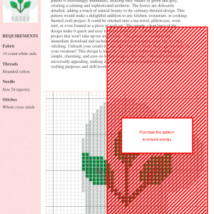 Cross stitch pattern depicting three green leaves on a chef's hat.