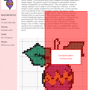 Cross-stitch pattern of a purple Christmas ornament with yellow zig-zag design and holly leaves.