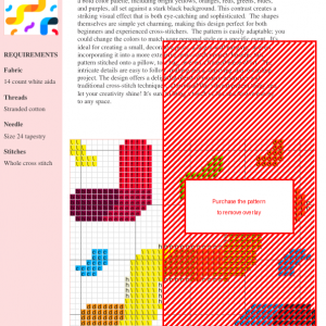 A vibrant cross stitch pattern featuring colorful confetti shapes on a black background.