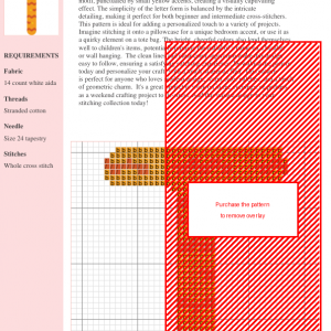 Image of a cross-stitch pattern depicting a stylized letter T with an orange and terracotta zig-zag design.