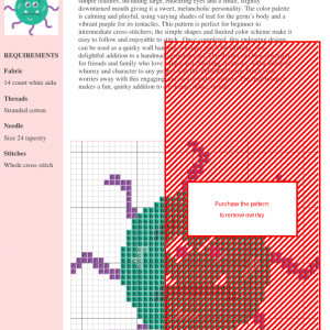 Cross stitch pattern of a cute, teal-colored germ with purple tentacles and a slightly sad expression.