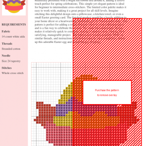 Cross stitch pattern of a yellow Easter egg decorated with purple wavy lines and a red ribbon.