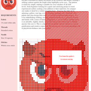 Cross stitch pattern of a red devil face with horns, frowning expression, and red eyes.