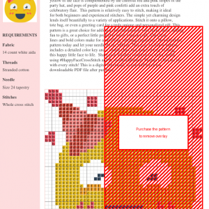 A cross stitch pattern of a cheerful yellow emoticon wearing a party hat, surrounded by confetti.