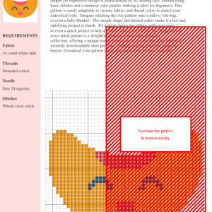 Cross stitch pattern of a smiling peach design in orange and pink.