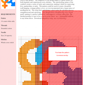 Cross stitch pattern featuring intertwined male and female symbols in orange and blue.