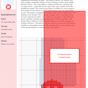 Cross stitch pattern depicting three sugar cubes with a red 'X' marking, symbolizing 'no sugar'.