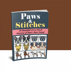 Ebook cover showcasing 20 cross-stitch patterns of various dog breeds, titled 'Paws & Stitches'.