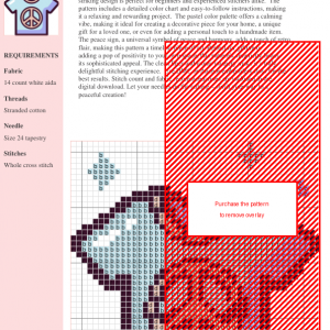 Cross stitch pattern of a light blue t-shirt featuring a peace symbol.