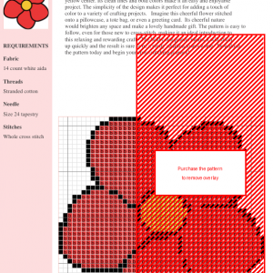 Image of a cross-stitch pattern depicting a simple, five-petaled red flower with a yellow center.