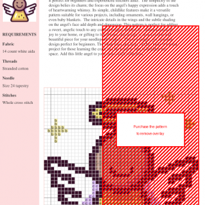 Cross stitch pattern of a smiling angel with wings and halo, featuring soft pastel colors.