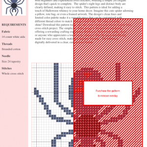 A cross-stitch pattern depicting a stylized spider with a gray body and red markings on its abdomen.