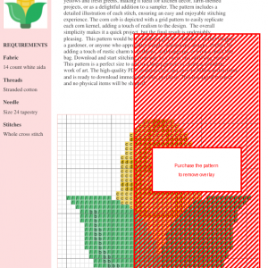 Cross stitch pattern of a corn cob with green husks, in yellow and green.
