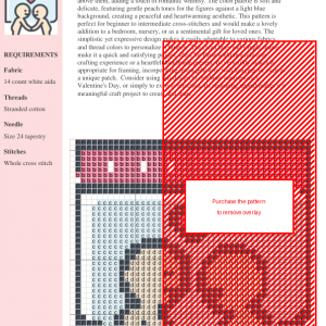 Cross-stitch pattern depicting two simplified figures embracing, with a heart above them, displayed on a screen-like background.