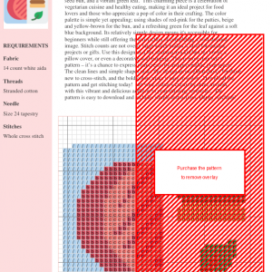 Cross stitch pattern of a burger, patties, and a leaf, suggesting a vegetarian theme.