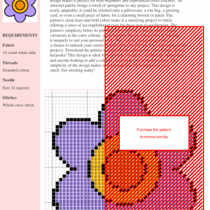Cross stitch pattern of a simple, five-petal flower with a yellow and orange center.