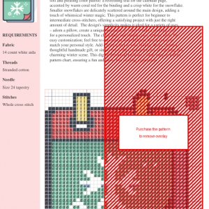 Cross stitch pattern of a calendar featuring a snowflake design in teal, red, and white.