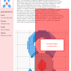 Cross-stitch pattern featuring a blue ribbon with a red blood drop, symbolizing World Diabetes Day.