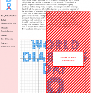 Cross stitch pattern design featuring 'World Diabetes Day' text and a blue awareness ribbon with a red droplet.