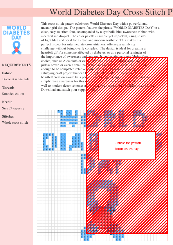 Cross stitch pattern design featuring 'World Diabetes Day' text and a blue awareness ribbon with a red droplet.