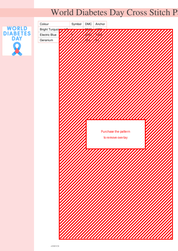 Cross stitch pattern design featuring 'World Diabetes Day' text and a blue awareness ribbon with a red droplet.